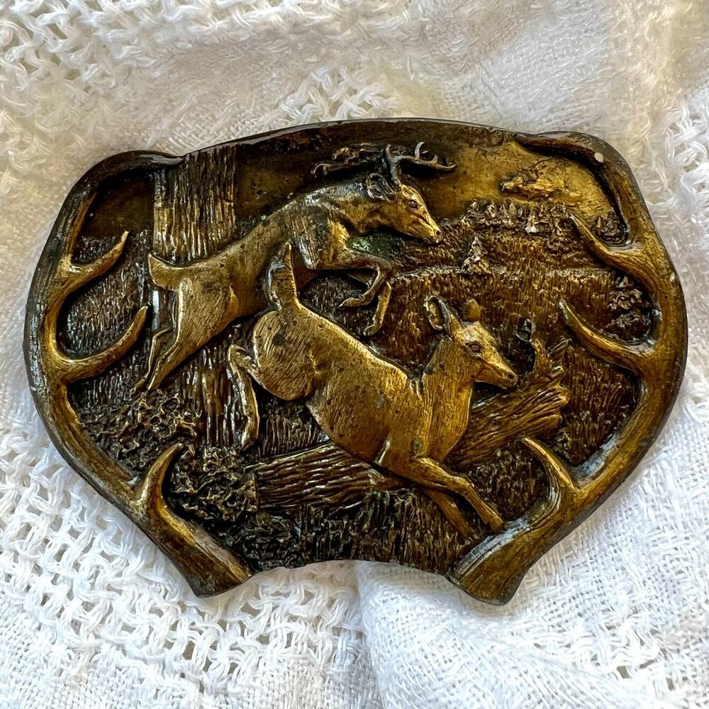 Vintage 1970s Bergamot Brass Works Deer Belt Buckle Western made in USA